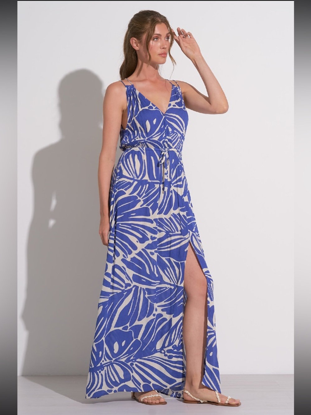 Elan V-Neck Tie Maxi Dress In Blue Kauai Print